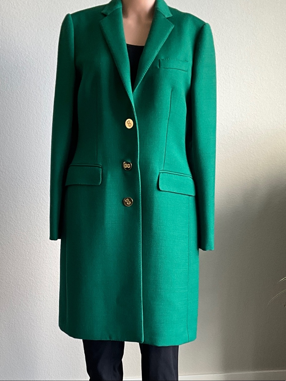 Dolce & Gabbana Emerald Green Tailored Long Trench Coat with Gold Buttons